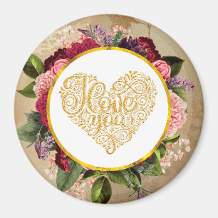 I Love You Fancy Golden Heart with Floral Frame Magnet