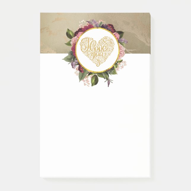 I Love You Fancy Golden Heart with Floral Frame Post-it Notes (Front)