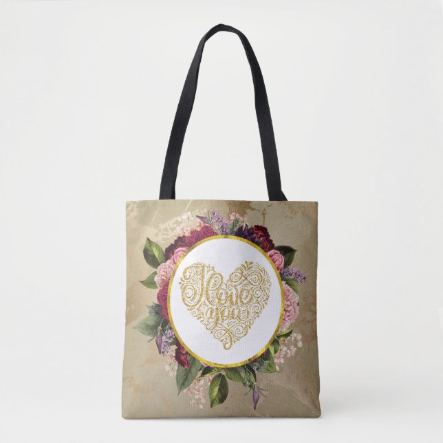 I Love You Fancy Golden Ornate Heart with Florals Tote Bag (Front)