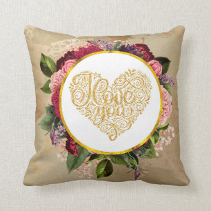 I Love You Fancy Golden Ornate Heart with FloralsI Cushion