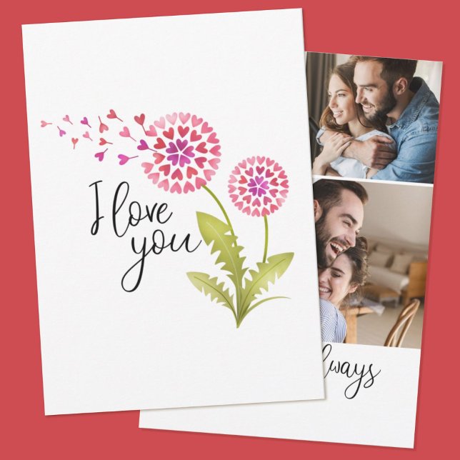 I love You Floral Valentines Day Holiday Card (A cute 3 photo Valentine's Day card with a heart dandelion flower and the words," "love you")