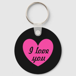"I love you" Fuchsia pink heart on black Key Ring