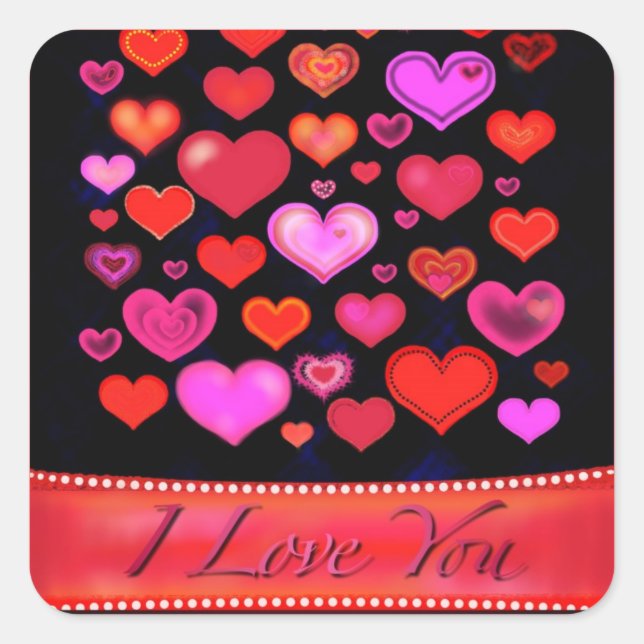 I LOVE YOU Gothic pink red hearts drawing Square Sticker (Front)