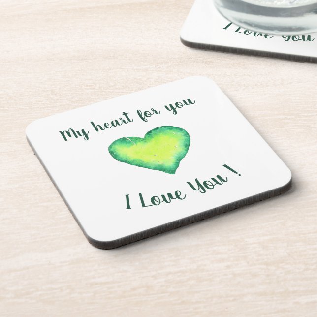 I Love You  Green and Blue Heart Valentine's Day  Coaster (Left Side)