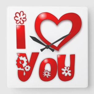 "I LOVE YOU" GROOVY FLOWERS SQUARE WALL CLOCK