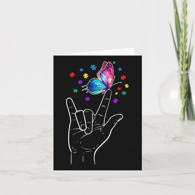 I Love You Hand Sign Language Butterfly Autism Awa Card (Front)