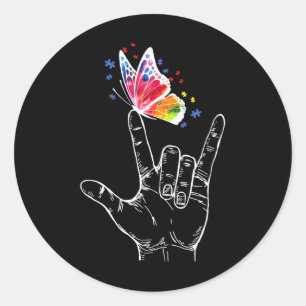I Love You Hand Sign Language Butterfly Autism Awa Classic Round Sticker