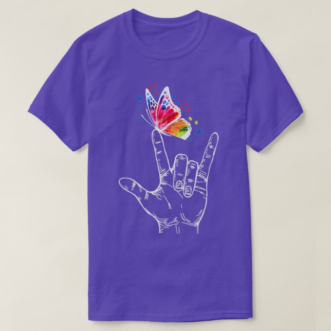 I Love You Hand Sign Language Butterfly Autism Awa T-Shirt (Design Front)