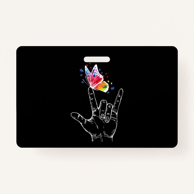 I Love You Hand Sign Language Butterfly Autism ID Badge (Front)