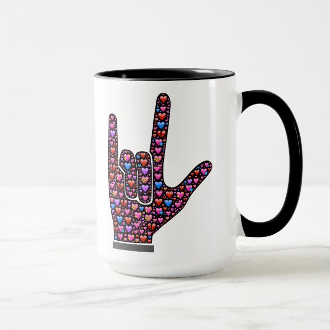 I Love You hand signs filled with emoji hearts Mug (Right)