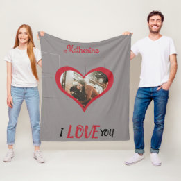 I Love You Heart Photo Collage Stylish Red Script Fleece Blanket