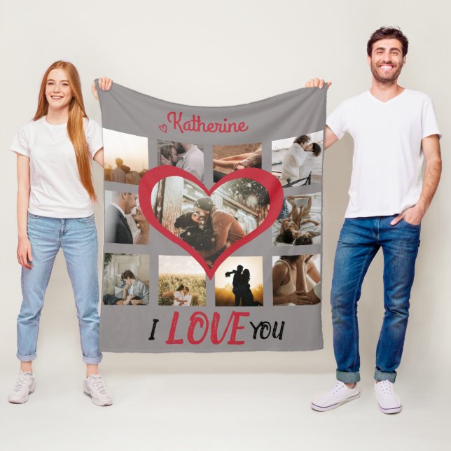 I Love You Heart Photo Collage Stylish Red Script Fleece Blanket (In Situ)