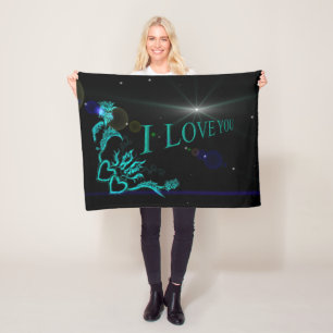I love You , Heart with Flower and Butterfly Fleece Blanket