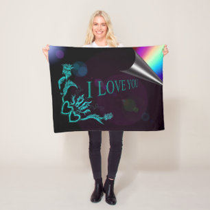 I love You , Heart with Flower and Butterfly Fleece Blanket
