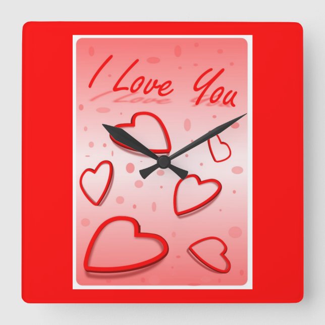 "I LOVE YOU" HEARTS SQUARE WALL CLOCK (Front)