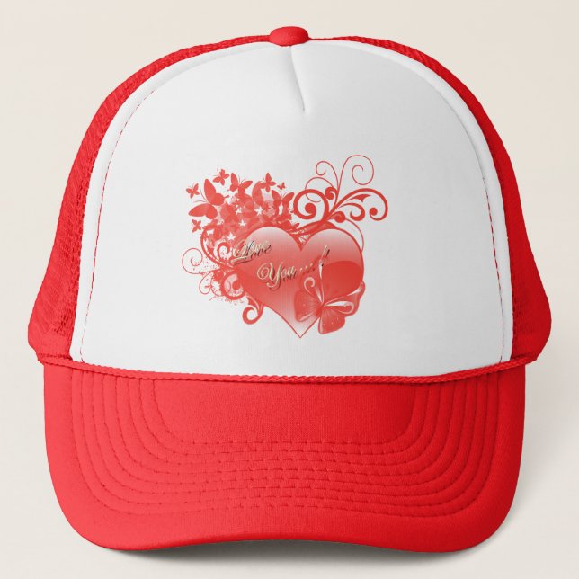 I LOVE YOU IN RED HEART TRUCKER HAT (Front)