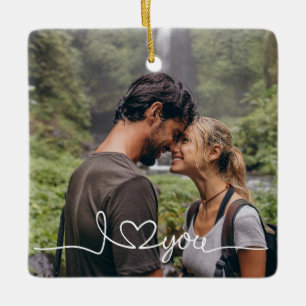 I Love You in White Script with Heart Custom Ceramic Ornament