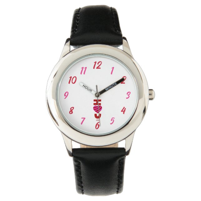 I Love You Kids Black Leather Watch (Front)