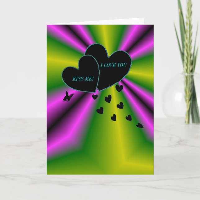 I LOVE YOU -Kiss me - Black Heart on purple green Card (Front)