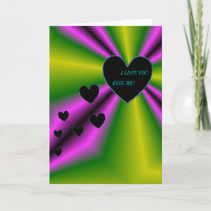 I LOVE YOU -Kiss me - Black Heart on purple green Card