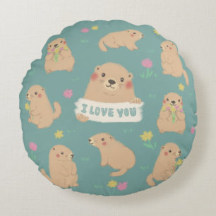 I Love You, Marmots Illustration Round Cushion
