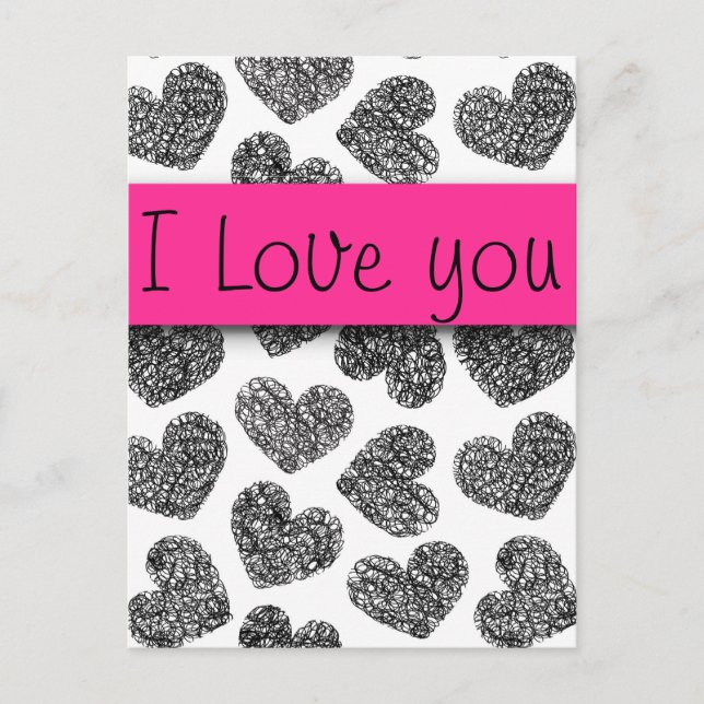 I Love You Modern Black and White Doodle Hearts  Postcard (Front)