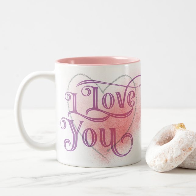 I Love You Modern Light Heart Graphic Elegant Pink Two-Tone Coffee Mug (With Donut)