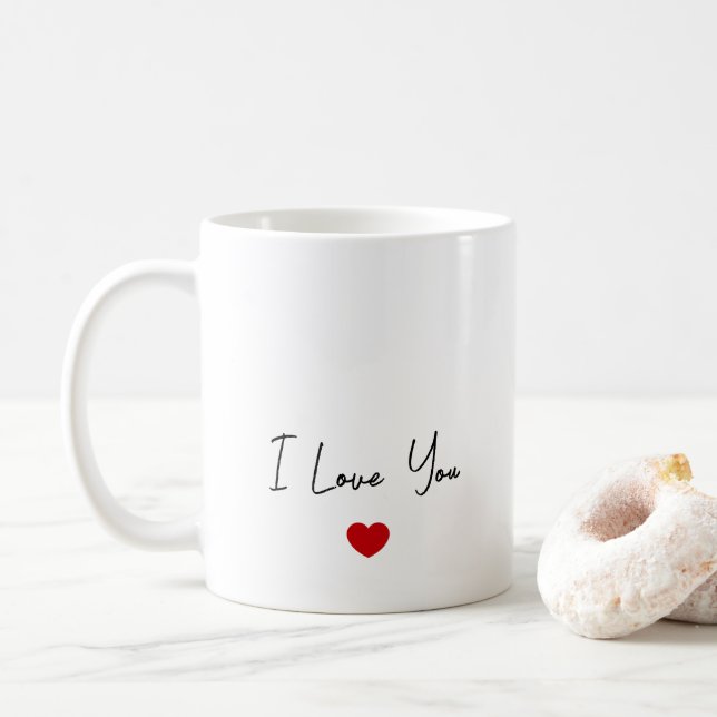 I Love You Modern Script Typography Tiny Red Heart Coffee Mug (With Donut)
