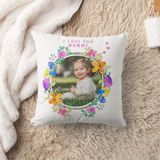 I LOVE YOU MOMMY Photo Colourful Floral Modern Cushion (Blanket)