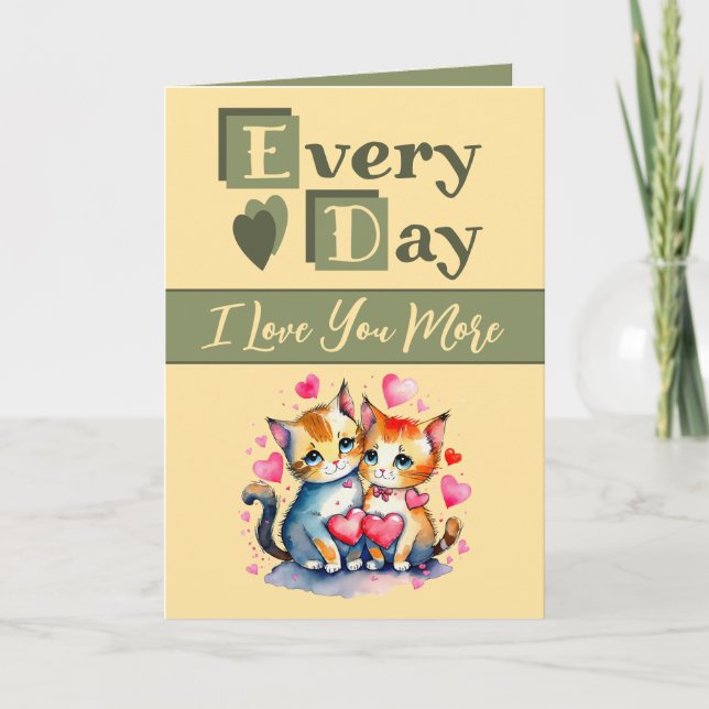 I love you more cats green yellow Valentine Card (Front)