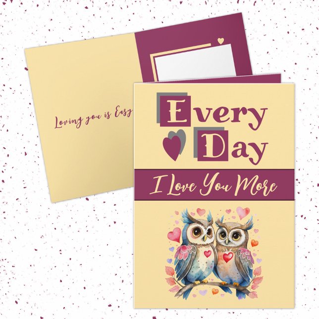 I love you more owls burgundy yellow Valentine Card (Creator Uploaded)