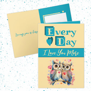 I love you more owls turquoise yellow Valentine Card