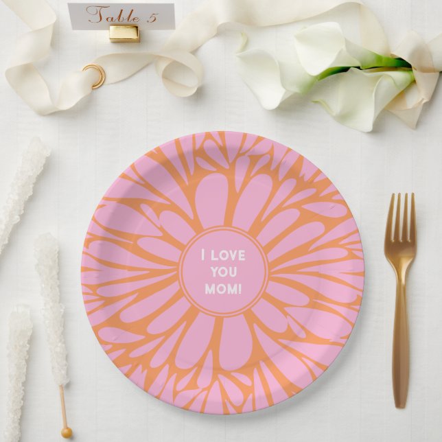 I love you mum floral burst pastel orange pink paper plate (Wedding)