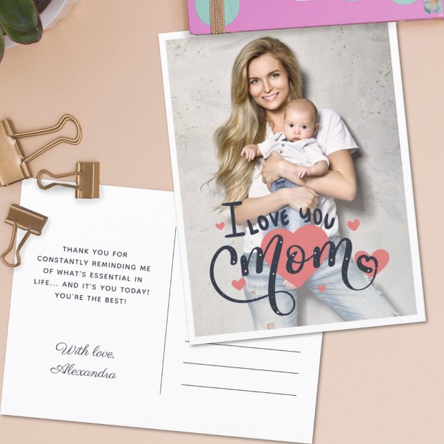 I love you mum heart typography mother's day photo postcard (Creator Uploaded)