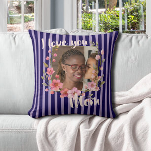 I Love You Mum Indigo Blue Lavender Floral Photo Cushion