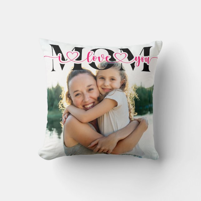 I Love You Mum Pink Hearts Typography Photo Cushion (Front)