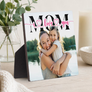I Love You Mum Pink Hearts Typography Photo Plaque