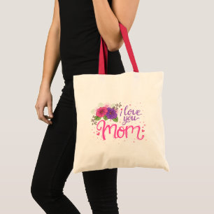 I love you mum, pink purple floral tote bag