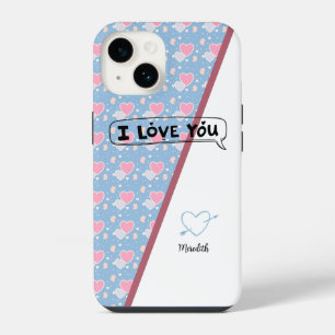 I love you "name" blue and pink heart pattern iPhone 14 case