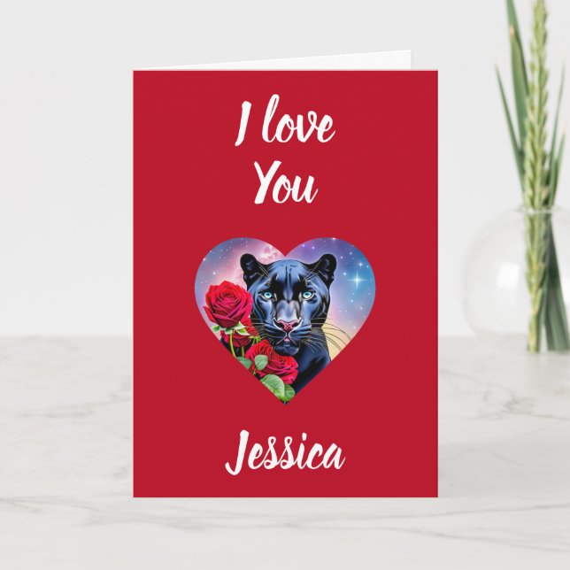 I Love You Personalised Name Panther and Red Roses Card (Front)