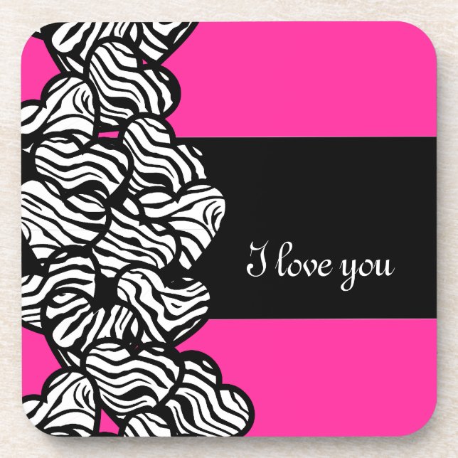 I love you pink black white zebra heart pattern coaster (Front)