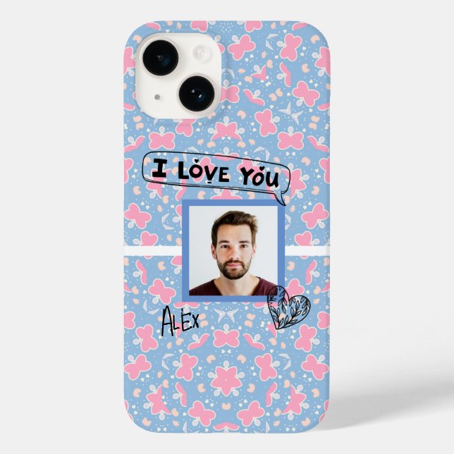 I love you Pink Blue Butterfly Heart Pattern Case-Mate iPhone Case (Back)