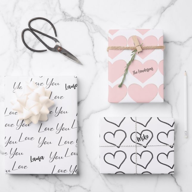 I Love You, Pink Hearts Personalised    Wrapping Paper Sheet (Front)
