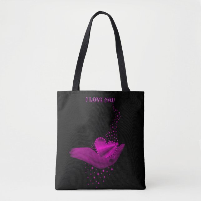 I love You , pink Rainbow Heart with Stars Tote Bag (Front)