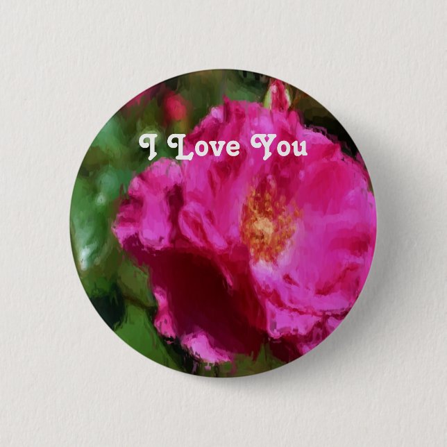 I Love You Pink Rose Flower Button (Front)