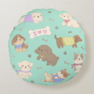 I Love You Puppies Illustration Round Cushion
