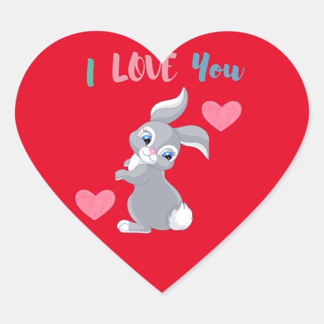 I Love You Rabbit Red Pink Heart Cute Cool Heart Sticker (Front)