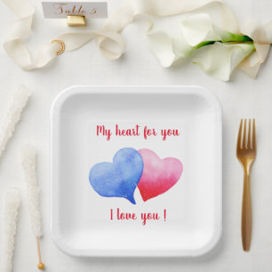 I love you  red and blue heart    Valentine's Day  Paper Plate