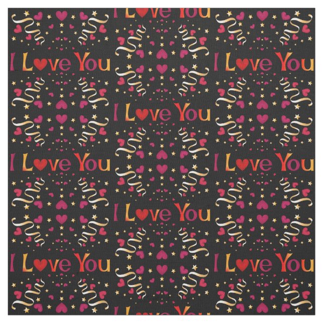 I LOVE YOU Red Heart Gold Ribbon Black Valentine Fabric (Swatch)