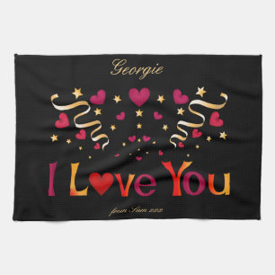 I LOVE YOU Red Heart Gold Ribbon Black Valentine Tea Towel
